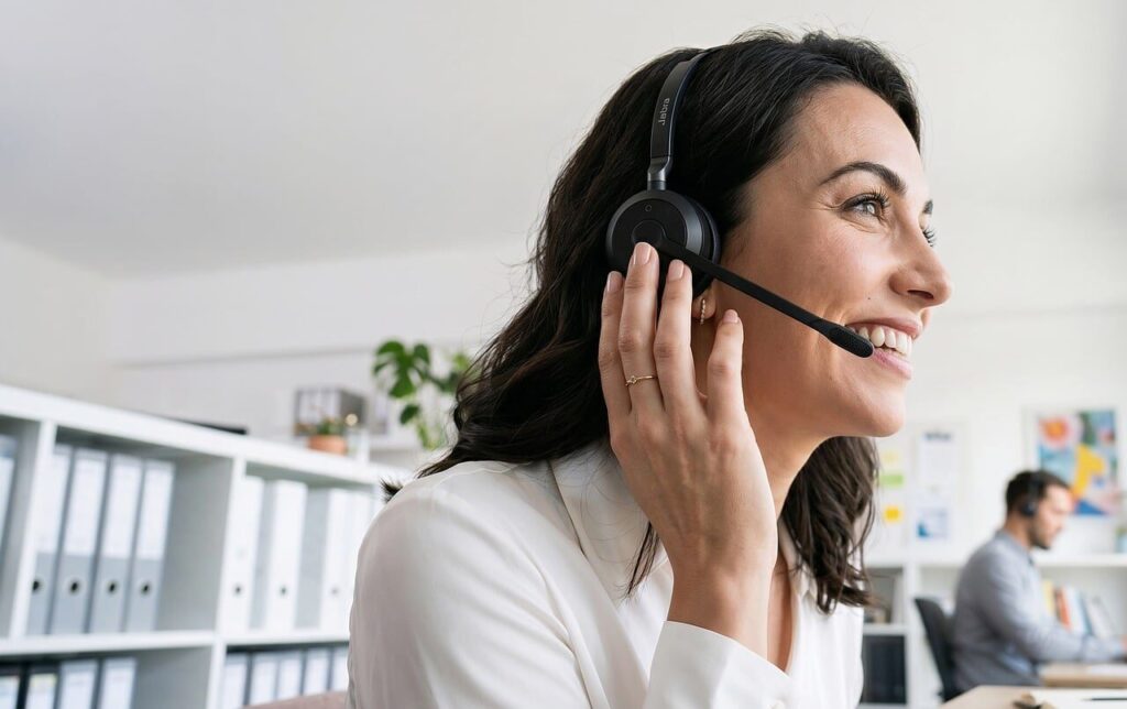 office, headset, smiling woman, headset microphone, workplace, interaction, call center, conversation, professional, communication, customer service, woman, smile, white shirt, satisfaction, working, happy worker, administrative, telephone call