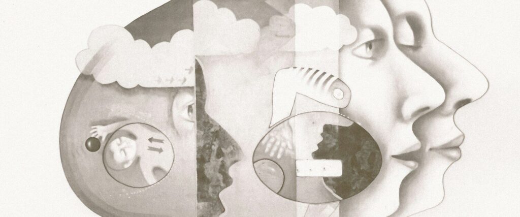 Surreal profile of faces and abstract elements.